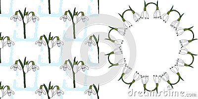 Seamless pattern of snowdrops. Floral round frame with snowdrops Vector Illustration