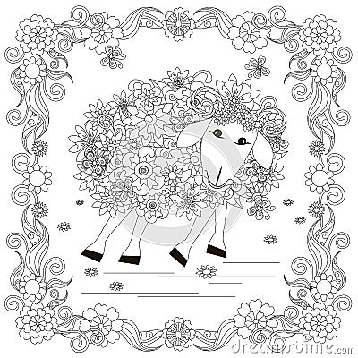 Flowers sheep in frame monochrome sketch, coloring page anti-stress stok vector illustration for print Vector Illustration