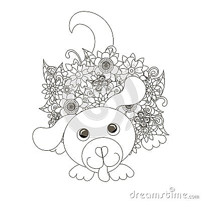 Flowers sitting dog coloring page anti-stress Vector Illustration