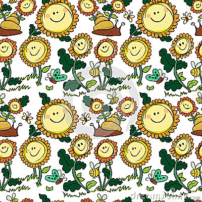 Flowers and snail coloured with white background seamless pattern Stock Photo