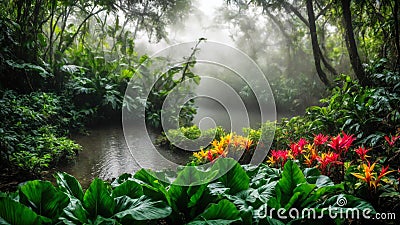 Flowers in spring tropical rainforest, fog in a wet forest, plant growth and environmental protection concept, wild jungle, Cartoon Illustration