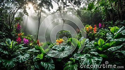Flowers in spring tropical rainforest, fog in a wet forest, plant growth and environmental protection concept, wild jungle, Cartoon Illustration