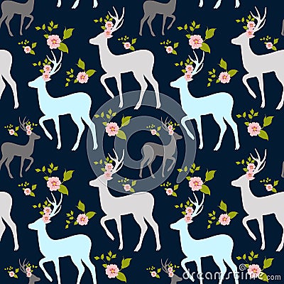 Flowers and stag, deer seamless pattern. Vector Illustration