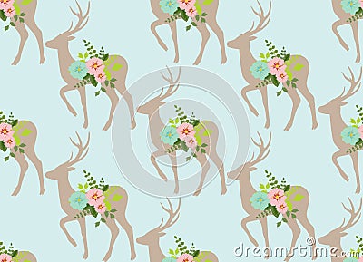 Flowers and stag, deer seamless pattern. Stock Photo