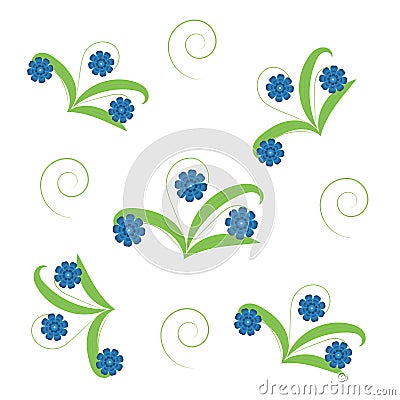 Flowers on stems, seamless structure. green curls and leaves, blue buds on a white background Stock Photo