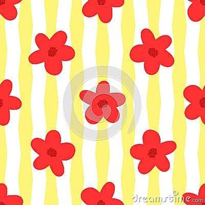 Flowers on striped background. Simple floral seamless pattern. Vector Illustration