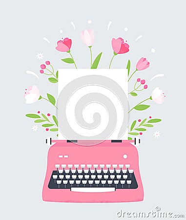 Flowers Styles Typewriter with Blank Sheet of Paper. Spring Event, Womans Day or Mothers Day Card or Poster. Vector Vector Illustration