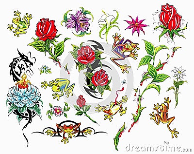 Flowers tattoo set. Set of labels and elements. Vector set illustration template tattoo. Cartoon Illustration