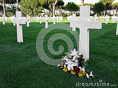 Flowers on a tomb of the American Military Cemetery in Nettuno Editorial Stock Photo