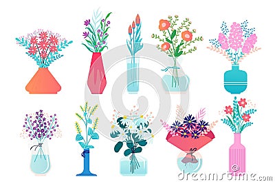 Flowers in vase. Flora bouquet in pottery pitcher, bunch of lilies, blooming spring flowers in decorative vase. Vector isolated Vector Illustration