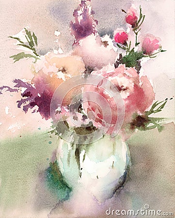 Flowers in a Vase Watercolor Still Life Illustration Hand Painted Cartoon Illustration