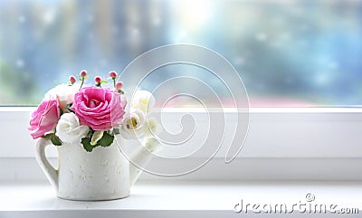 Flowers in vase on windowsill with empty copy space. Mother`s day decoration, valentine`s day card.Birthday present. 8 march Stock Photo