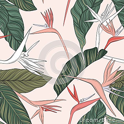 Flowers vector green pink tender illustration. Seamless beach design with exotic foliage texture. Hawaiian print Vector Illustration