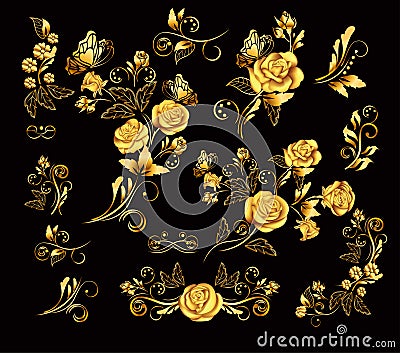 Flowers.Vector illustration with gold roses. Vintage decoration. Decorative, ornate, antique, luxury, floral elements Vector Illustration