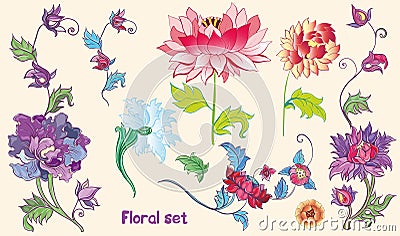Flowers vector set with lotuses and peonies. asian theme Vector Illustration