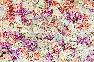 Flowers wall background with amazing red and white roses, Wedding decoration, hand made Stock Photo