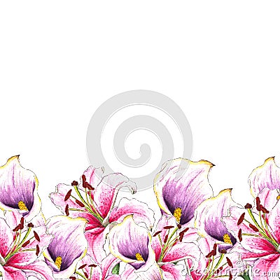 Watercolor callas and lilies. Floral background. Flower pattern. Tropical plants.Isolated on white background Stock Photo