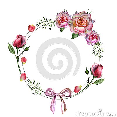 Flowers watercolor illustration. A circle frame of flowers on white background Cartoon Illustration