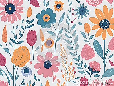 flowers, Watercolor, white background, clipart, Seamless patterns, repeating patterns design, flat illustration,outlined, Art Cartoon Illustration