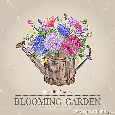 Flowers and watering can. Vector Illustration