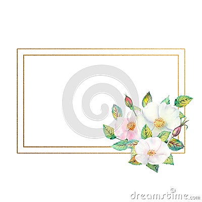 Flowers of white rose hips, red fruits, green leaves, the composition in a geometric Golden frame. Flower poster, invitation. Cartoon Illustration