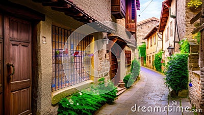 Flowery empty old historical street from the pavement of paving stones on in small village. Generative AI Stock Photo