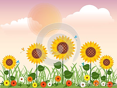 Flowery meadow with daisies, sunflowers and dragonfly in summer Vector design. Vector Illustration