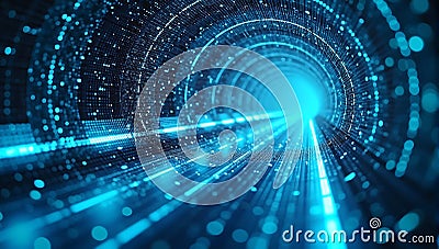 A flowing data stream in a futuristic tunnel, symbolizing data transfer and AI-driven analytics within digital landscapes Stock Photo