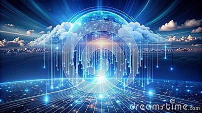 Flowing Data Streams Converging into a Central Cloud Hub Generative AI Cartoon Illustration