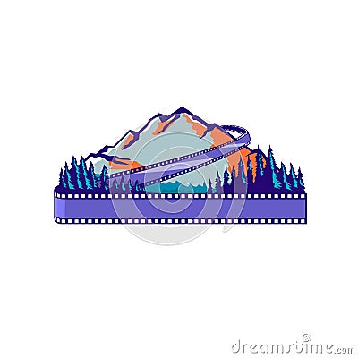 Flowing Film Strip Mountain and Trees WPA Retro Vector Illustration