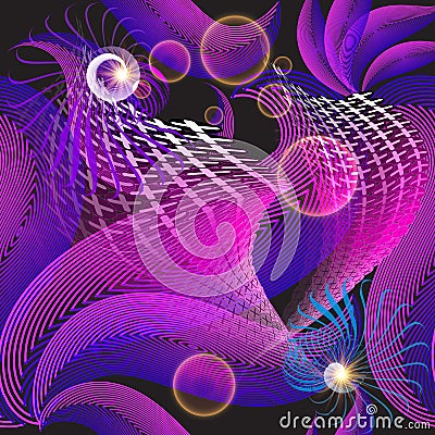 Flowing illuminated lines 3d vector seamless pattern. Colorful bright ornamental shiny bokeh background. Geometric repeat halftone Vector Illustration