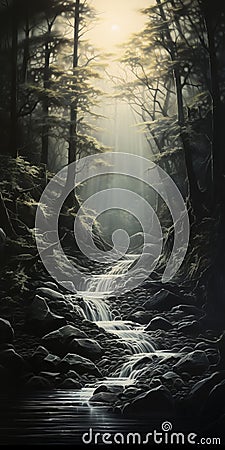 Flowing Light: A Hyper-realistic Forest Painting With Monochrome And Side Lighting Stock Photo