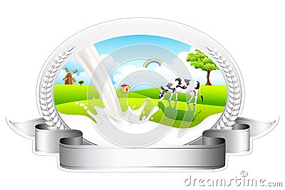 Flowing Milk with grazing Cow Vector Illustration