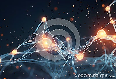 flowing neural network, with glowing nodes connecting and disconnecting Stock Photo