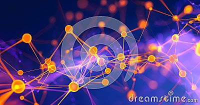 flowing neural network, with glowing nodes connecting and disconnecting Stock Photo