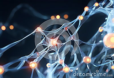flowing neural network, with glowing nodes connecting and disconnecting Stock Photo