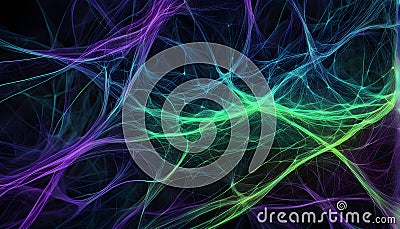 flowing neural network, with glowing nodes connecting and disconnecting Stock Photo