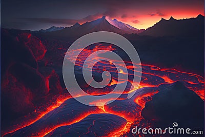 Flowing river of lava from erupting volcano Stock Photo