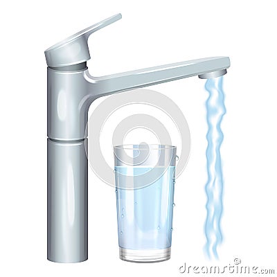 Flowing water from tap. Glass with pure water. Vector Vector Illustration