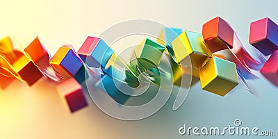 A flowing wave of colorful cubes set on a light background, each cube casting unique reflections Stock Photo