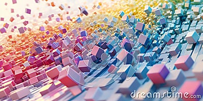 A flowing wave of colorful cubes set on a light background, each cube casting unique reflections Stock Photo
