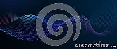 Vector Abstract flowing wave line, particle dot pattern, neon light on dark blue gradient background Stock Photo