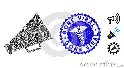 Flu Collage Megaphone Icon with Caduceus Grunge Gone Viral Stamp Vector Illustration