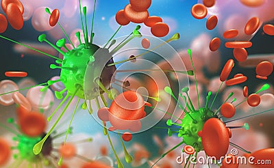 Flu and common cold, blood infection. Microbes under the microscope. Immunity of the body Cartoon Illustration