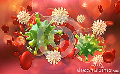 Flu and common cold. Leukocytes attack the virus. Immunity of the body Cartoon Illustration