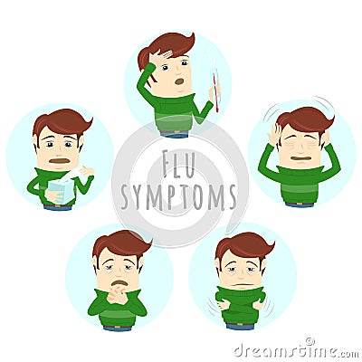 Flu common cold symptoms of influenza. Man suffers cold, fever. Cartoon Illustration