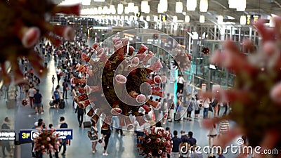Flu coronavirus floating on air at passenger boarding area terminal airport Stock Photo