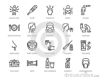 Flu disease prevention, cold symptoms flat line icons set. Fever headache sneeze, sore throat vector illustrations Vector Illustration