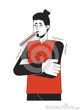 Flu feverish caucasian man with thermometer 2D linear cartoon character Vector Illustration