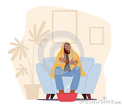 Flu and Influenza Disease Symptoms. Ill Man Soar Feet Sitting on Sofa Covered with Plaid, Character Suffering of Virus Vector Illustration